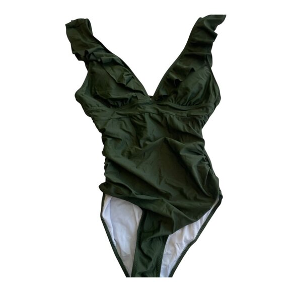 CupShe Wm's Ruffled One Piece V- Neck Lace Up Swimsuit Olive Sz Small - Picture 6 of 8